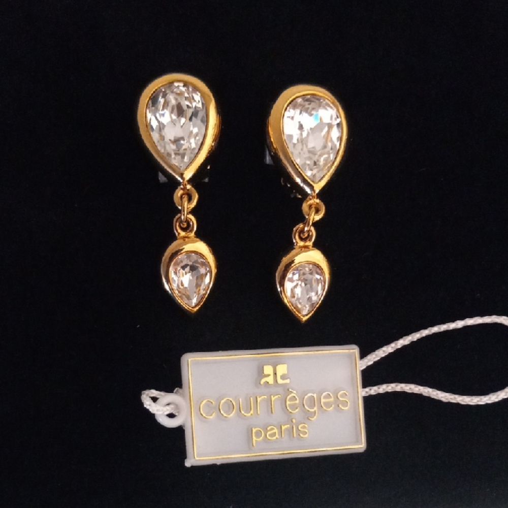 Vintage Courrèges Gold-Tone Large Clear Crystal Teardrop Drop Earrings Signed